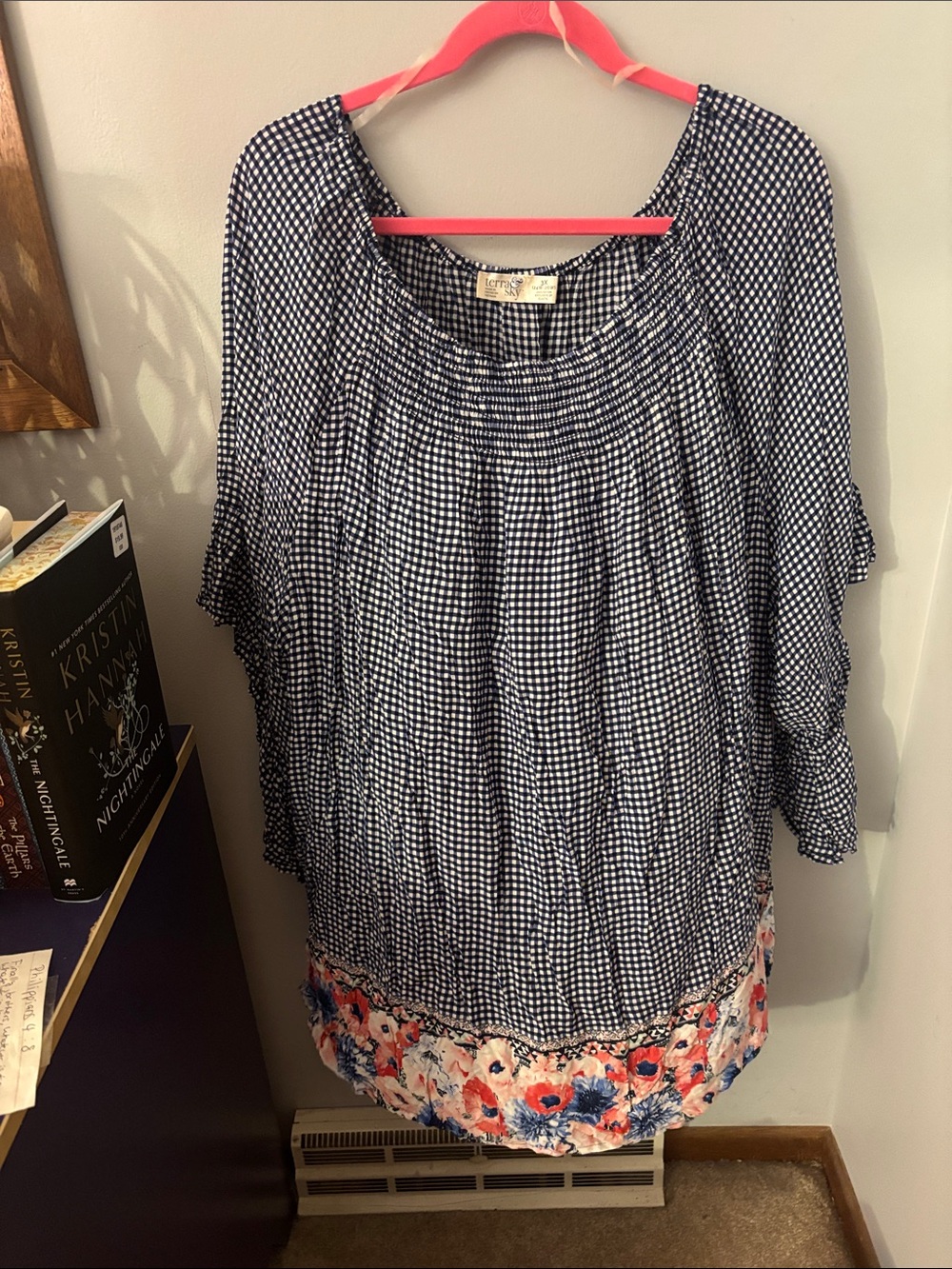 Time and Tru Navy and White Gingham Tunic with Floral Hem